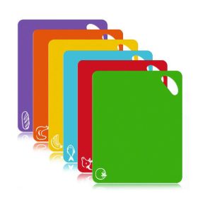 Set of 6 Colored Chopping Board Mats with Food Icons & Easy-Grip Handles Thick Flexible Plastic Kitchen Cutting Board Mats Set Non-Porous Dishwasher S