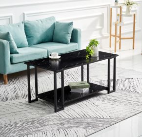 D&amp;N Coffee Table; 2 Layers 1.5cm Thick Marble MDF Rectangle 39.37&quot; L Tabletop Iron Coffee Table ; Dining Room; black Top; black Leg