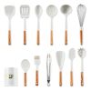 New milky white silicone kitchen set with wooden handle 12 piece non stick cooking shovel spoon silicone kitchen set