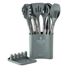 Stainless tube handle silicone insulated tail cover silicone kitchen set 12 pieces silicone spatula spoon 2021 new (size: Large flat barrel - grey)